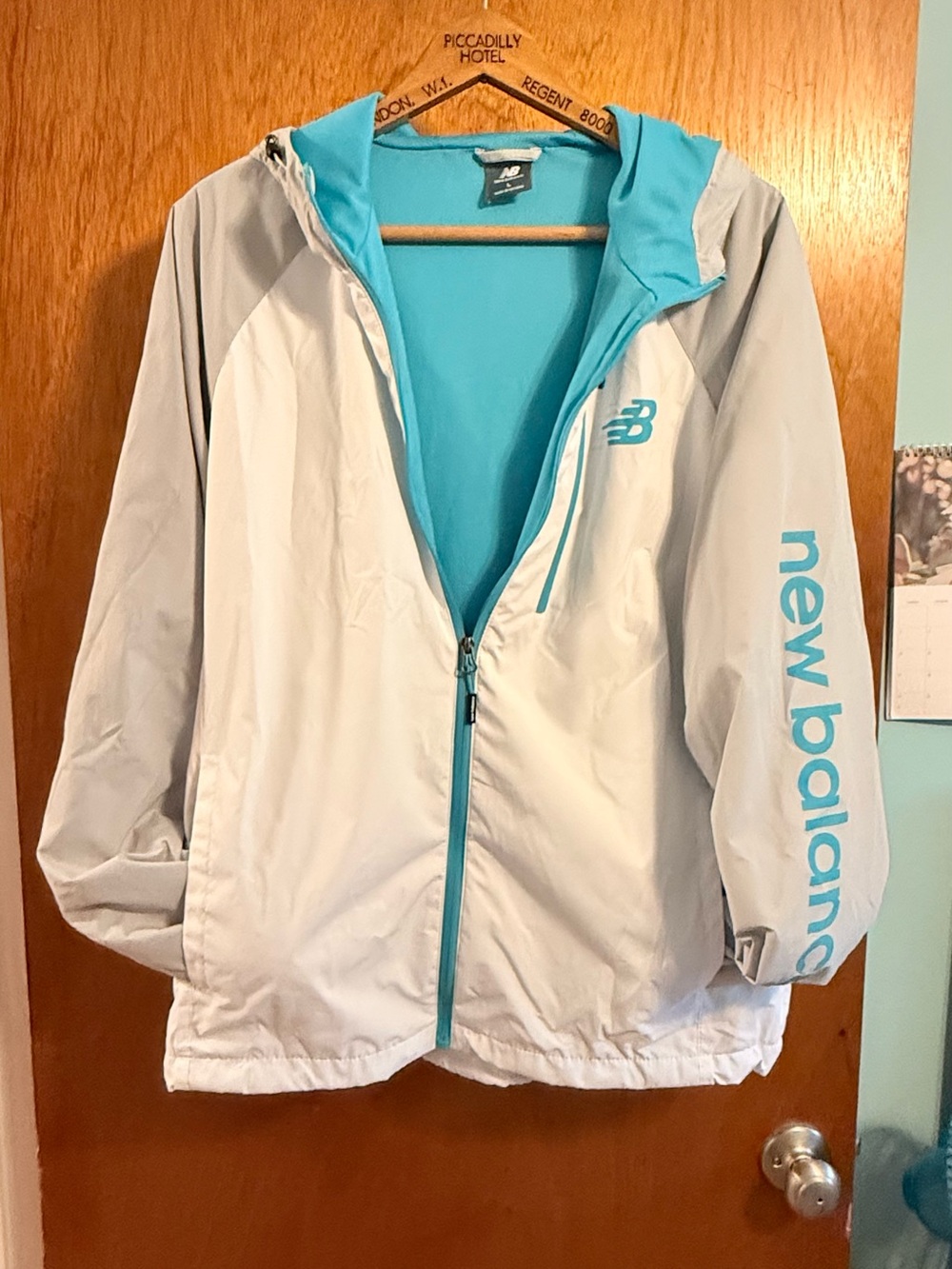 New Balance White and Teal Hooded Windbreaker
